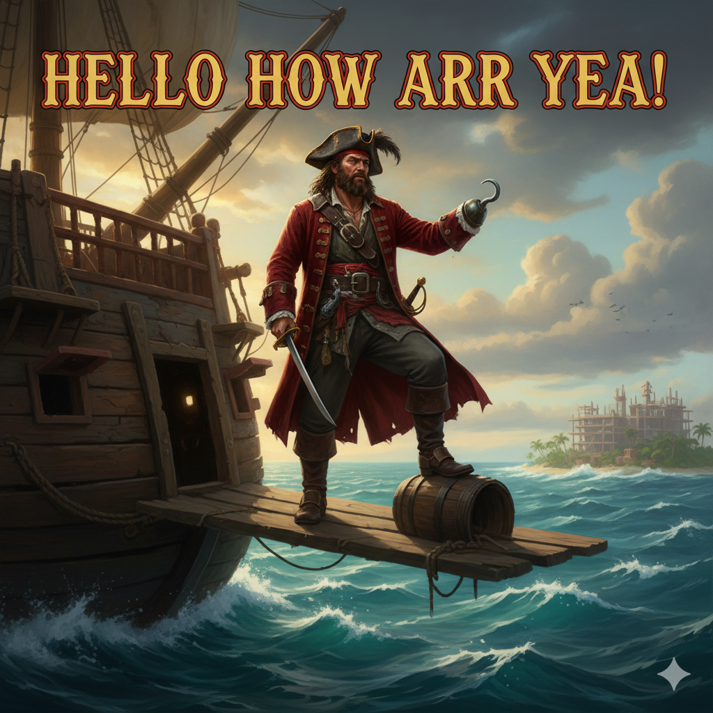 Pirate captain on a plank with a hook.